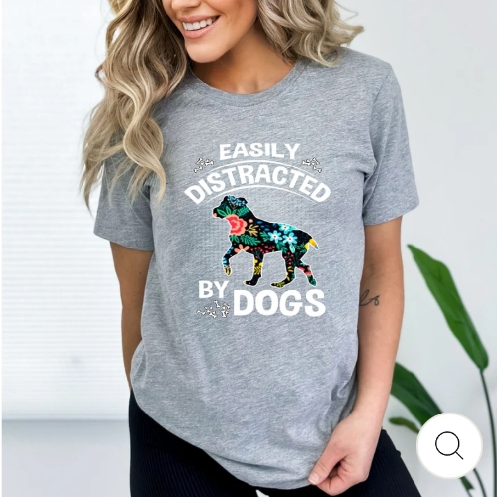 EASILY DISTRACTED BY DOGS T-Shirt Heather Gray Floral Dog Unisex EUC